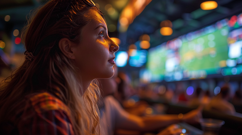 Девушка смотрит киберспортивный матч в баре